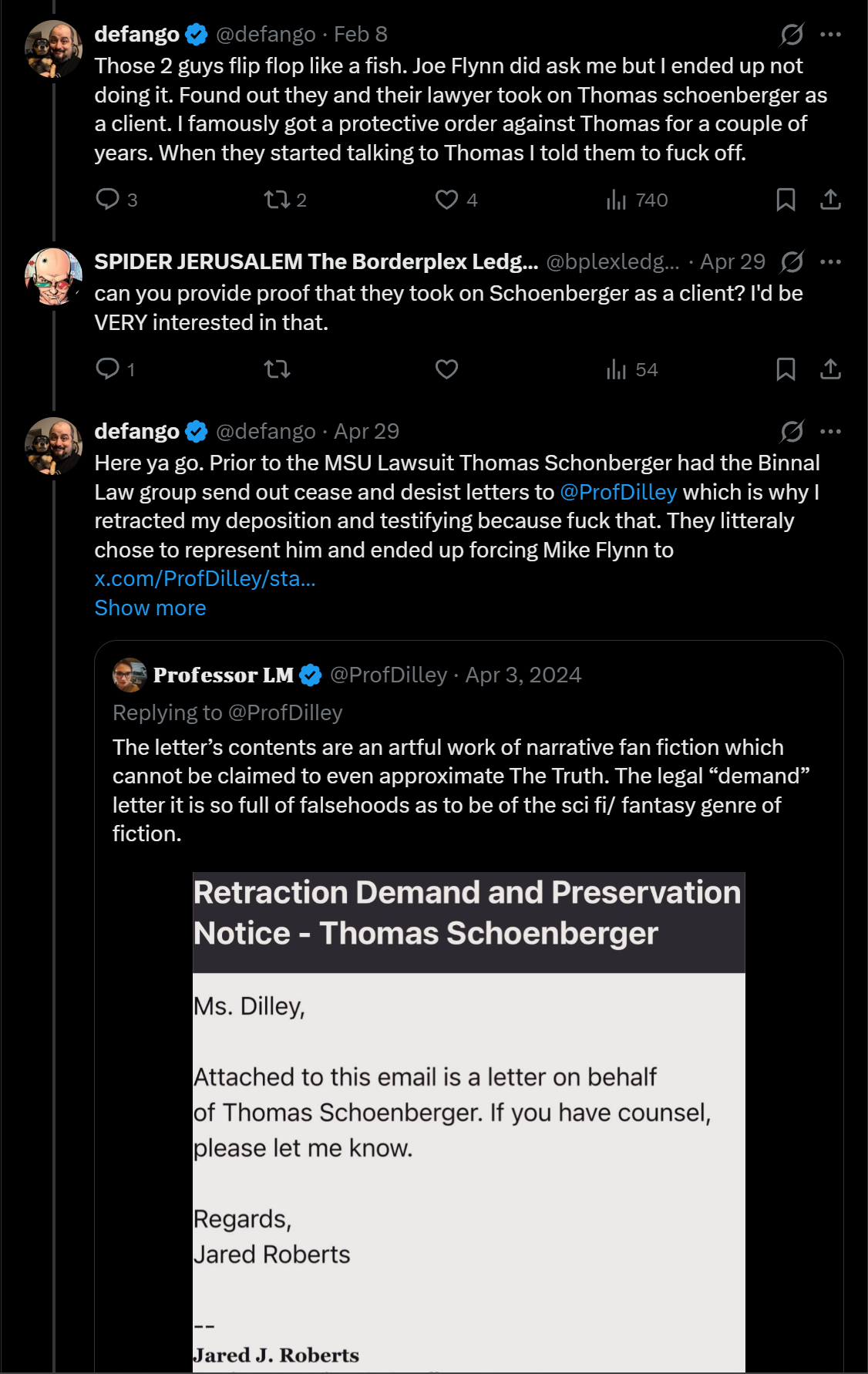 Hilo en X en el que defango dice que Joe Flynn se lo pidió pero no lo hizo y que su abogado tomó a Thomas Schoenberger como cliente; cuando le piden pruebas, dice que Binnall Law Group le envió cartas de cese y desista a ProfDilley, citando su post del 3 de abril de 2024 con una exigencia de retractación y aviso de preservación para Thomas Schoenberger firmada por Jared J. Roberts