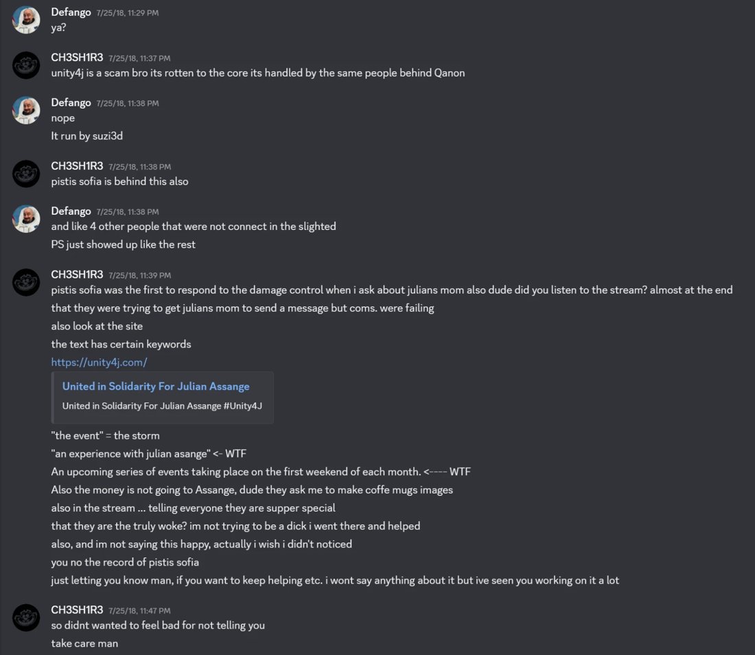 Discord DM, Jul 25 2018. CH3SH1R3: unity4j is a scam bro its rotten to the core its handled by the same people behind Qanon. Defango: nope. It run by suzi3d. CH3SH1R3: pistis sofia is behind this also, followed by a list of red flags about the unity4j.com site and stream