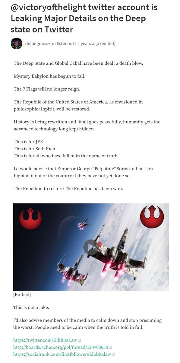 Captura de un post de Steemit de defango titulado victoryofthelight twitter account is Leaking Major Details on the Deep state on Twitter, con líneas como This is for JFK, This is for Seth Rich, y enlaces a la cuenta KibBitzLaw y a un hilo de 4chan pol