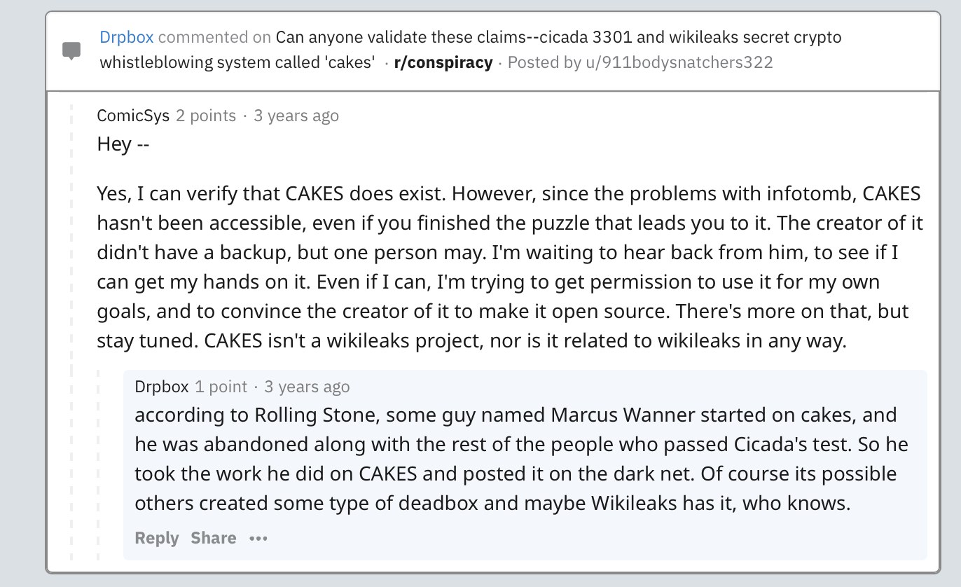 Reddit comment by Drpbox on r/conspiracy about CAKES, a crypto system, citing Rolling Stone and a man named Marcus Wanner
