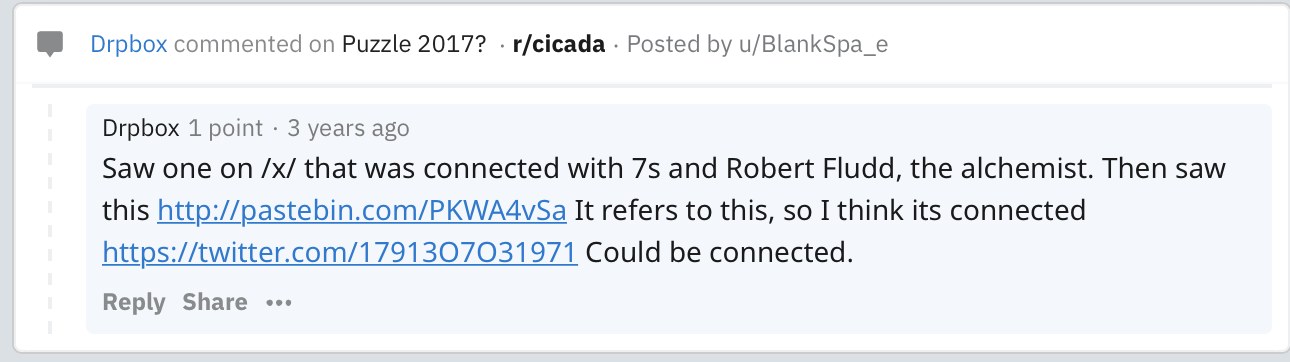 Reddit comment by Drpbox on r/cicada under a post titled Puzzle 2017, linking a pastebin and a tweet