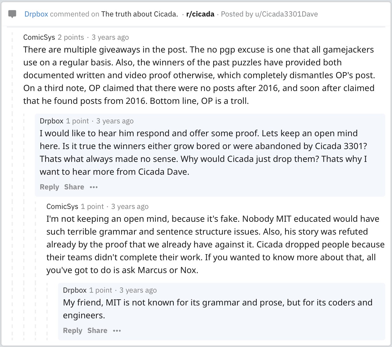 Reddit thread on r/cicada in which Drpbox argues with a user called ComicSys about a post titled The truth about Cicada
