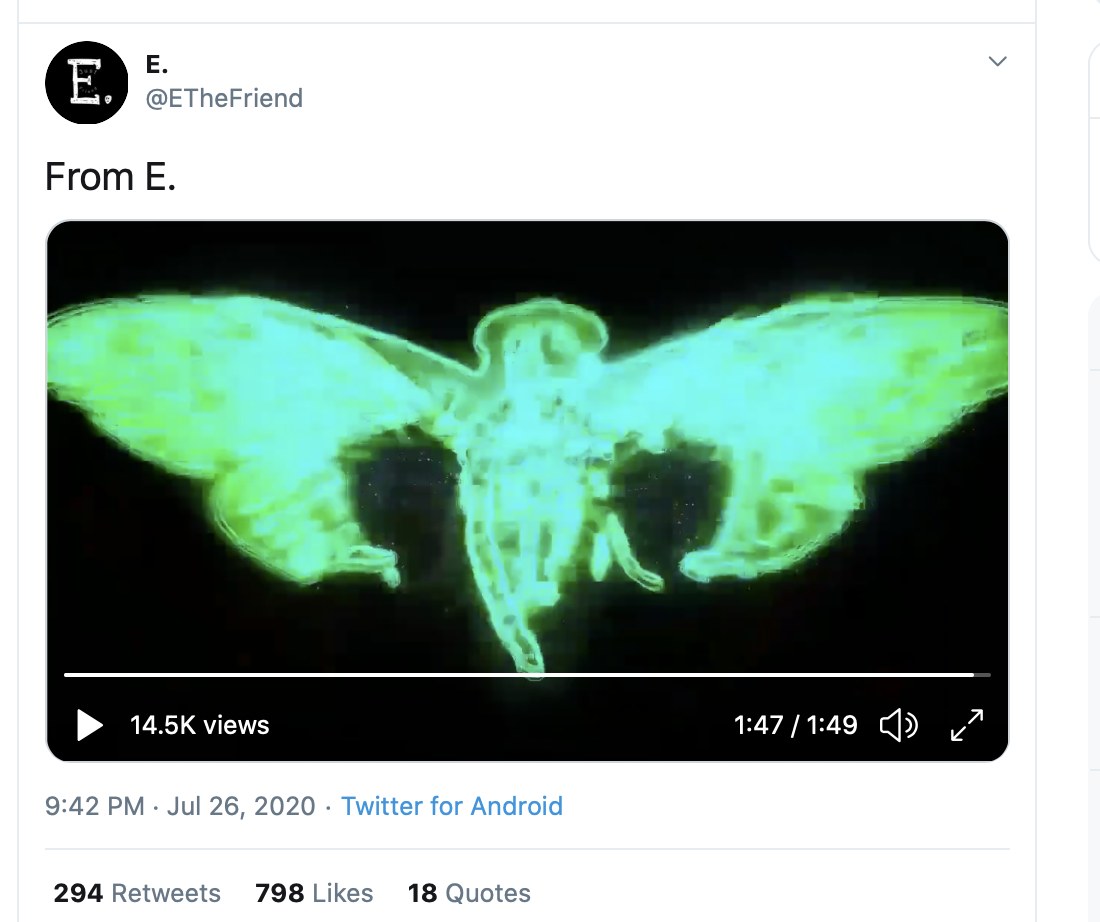 Tweet from @ETheFriend reading From E. with a green Cicada moth video, posted 9:42 PM Jul 26 2020 from Twitter for Android, 14.5K views, 294 retweets, 798 likes