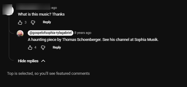 Respuesta en YouTube de gospelofsophia-tylagabriel a What is this music: A haunting piece by Thomas Schoenberger. See his channel at Sophia Musik