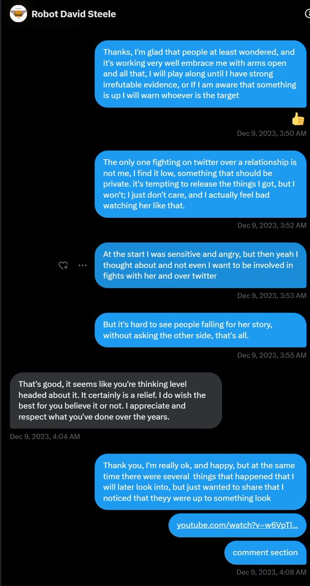 Direct messages of December 9 2023, 3:50 AM: 'I will play along until I have strong irrefutable evidence, or If I am aware that something is up I will warn whoever is the target'