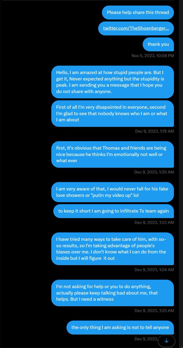 Direct messages of December 9 2023: 'to keep it short I am going to infiltrate Ts team again', 'I need a witness', 'the only thing I am asking is not to tell anyone'