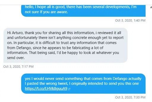 X direct messages, Oct 3, 2020. Beran writes that it is difficult to trust information that comes from Defango. Arturo replies that he would never send something from Defango, that he pasted the wrong tweet, and sends a link to the one he intended.