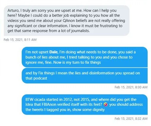X direct messages, Feb 14-15, 2021. Beran writes that he is sorry Arturo is upset. Arturo replies that Beran said a bunch of lies about him, and adds that Cicada started in 2012, not 2015, and asks where Beran got the idea that FBIAnon verified itself with its feet.