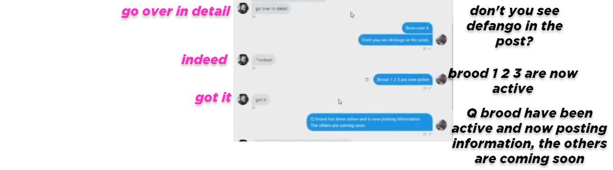 Same DM with the author's typed labels: Lala: go over in detail; Defango: don't you see defango in the post?; Lala: indeed; Defango: brood 1 2 3 are now active; Lala: got it; Defango: Q brood have been active and now posting information, the others are coming soon