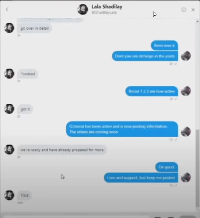 Twitter DM with Lala Shadilay @ShadilayLala. Sender: Dont you see defango in the posts. Lala: indeed. Sender: Brood 1 2 3 are now active. Lala: got it. Sender: Q brood has been active and is now posting information. The others are coming soon. Lala: we're ready and have already prepared for more. Sender: Ok good. I see and support. Just keep me posted. Lala: 10/4