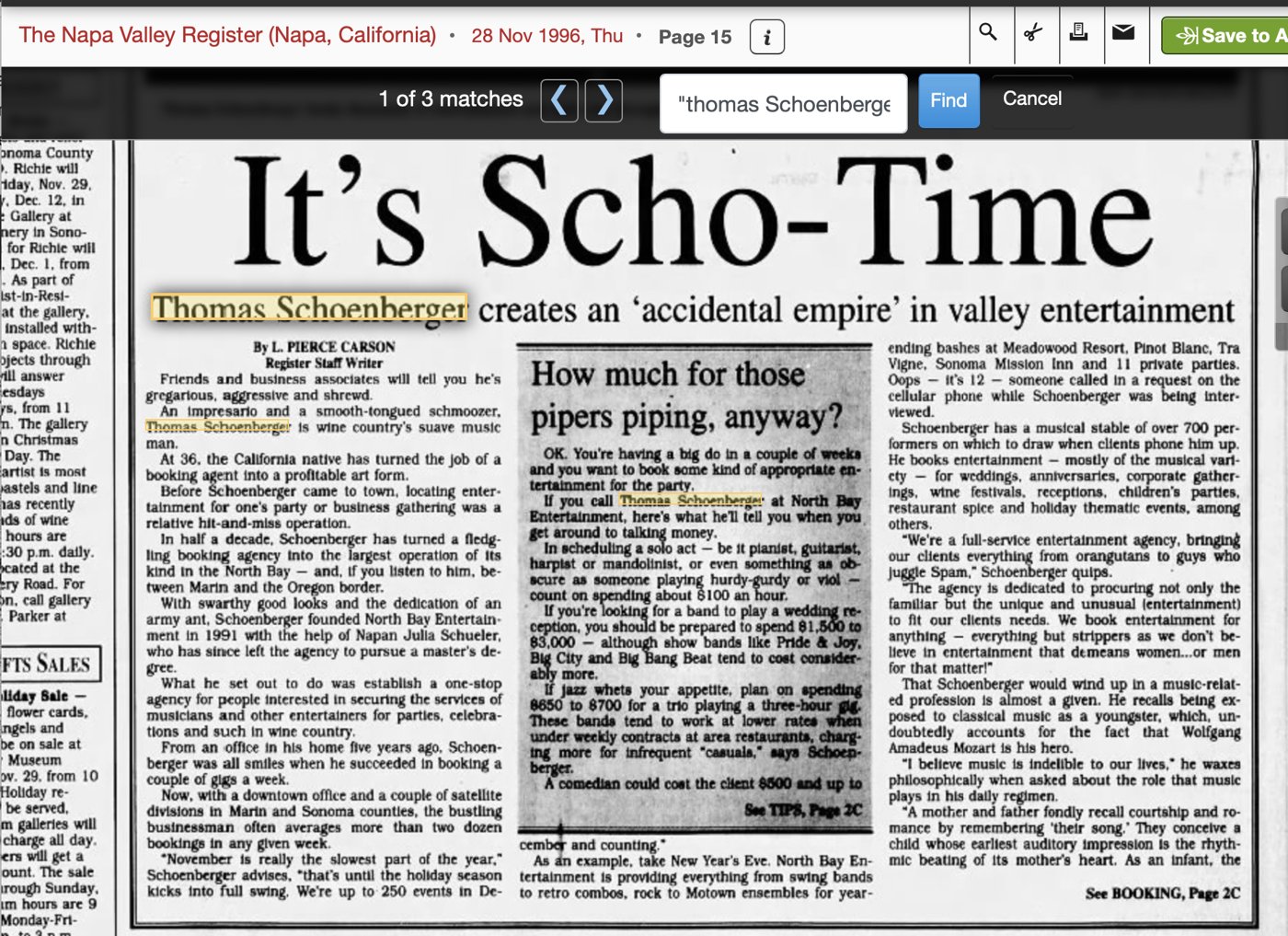 Napa Valley Register, Nov 28 1996, page 15: 