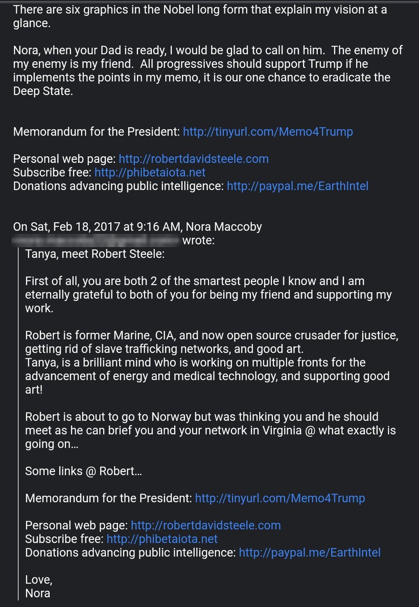 Phone screenshot of an email in which Robert Steele writes Nora, when your Dad is ready I would be glad to call on him, followed by her quoted Feb 18 2017 message introducing Robert Steele to Tanya, signed Love, Nora