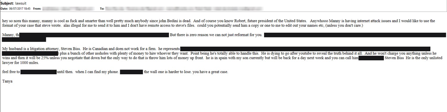 Email dated 06/07/2017 with the subject lawsuit, from Tanya to Nora Maccoby, Defango and Robert Steele, asking Nora to send a copy of the case that Steve wrote so it can be reformatted for Defango; addresses are blurred and phone numbers and some names are blacked out