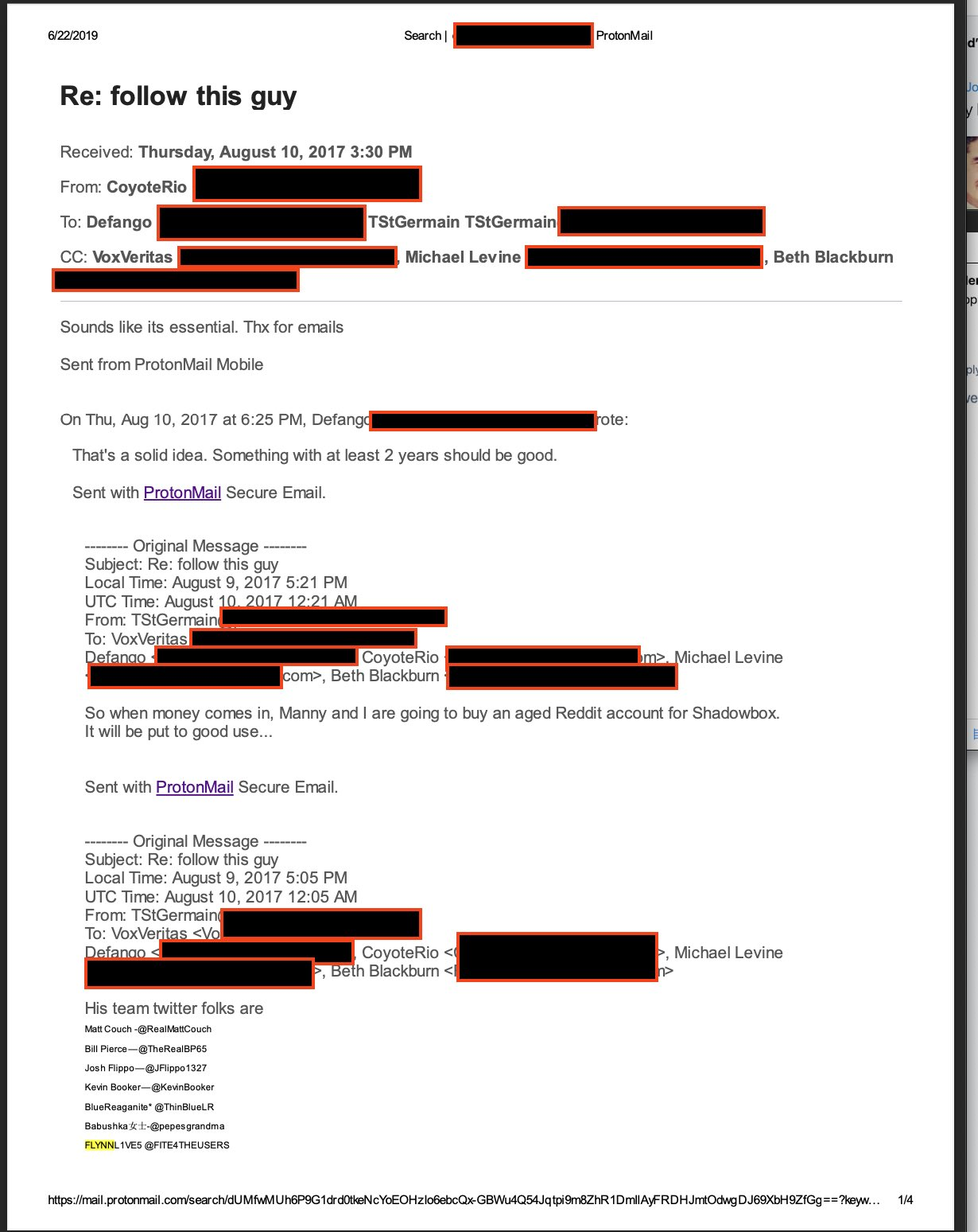 Printout of a ProtonMail thread titled "Re: follow this guy," received Thursday, August 10, 2017, with sender and recipient addresses blacked out. A quoted message from TStGermain, August 9, 2017, says that when money comes in, Manny and he are going to buy an aged Reddit account for Shadowbox. Below it is a list of seven Twitter handles under "His team twitter folks are."
