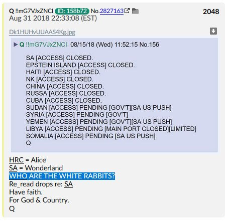 Drop de Q número 2048 del 31 de agosto de 2018 que enlista países con acceso cerrado, y luego HRC = Alice, SA = Wonderland, WHO ARE THE WHITE RABBITS?, Have faith, For God and Country, Q