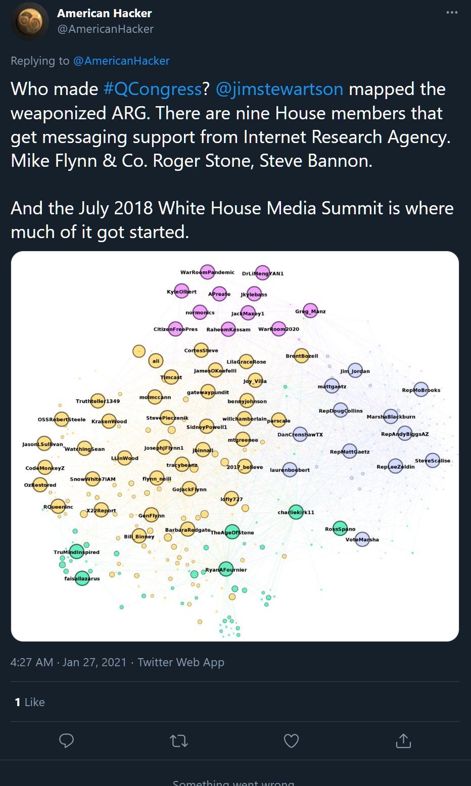 Tweet by @AmericanHacker, 4:27 AM, Jan 27, 2021: "Who made #QCongress? @jimstewartson mapped the weaponized ARG," with a network graph of Twitter accounts.