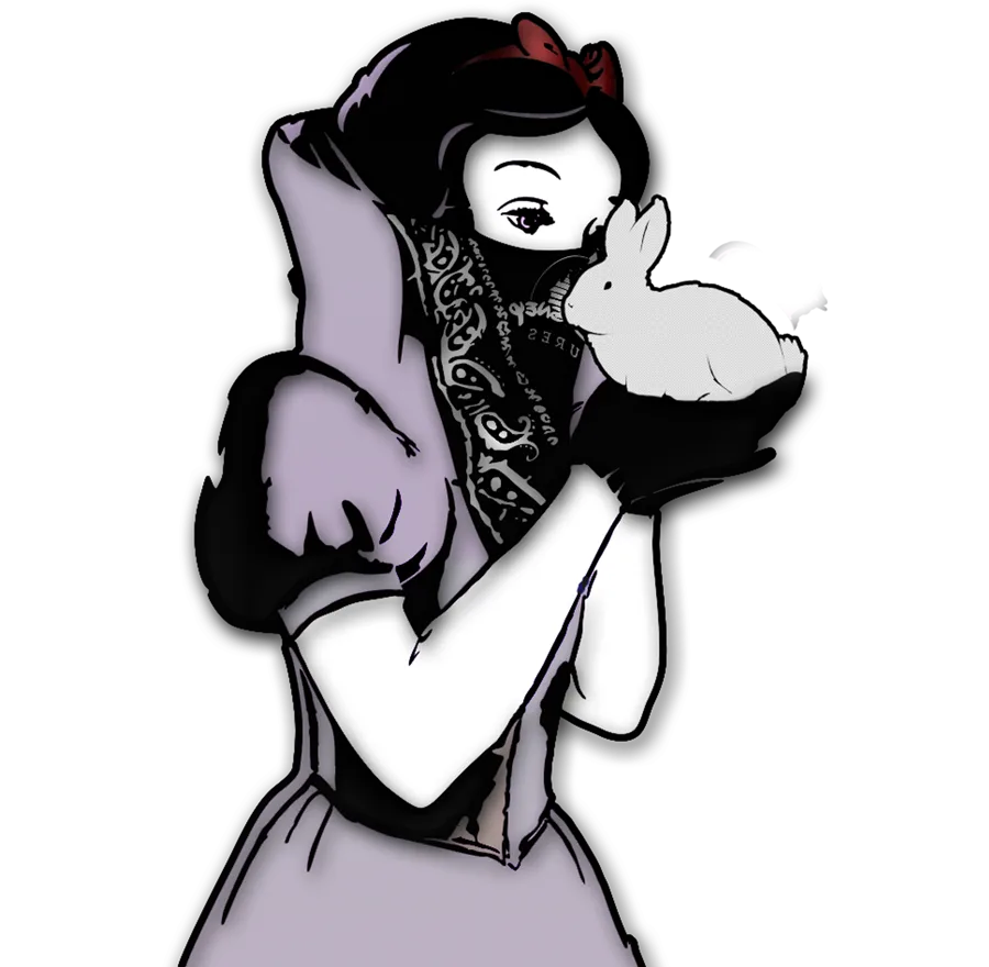 Ilustración del autor: Blancanieves con una pañoleta sobre la cara besando a un conejo blanco, sobre fondo negro
