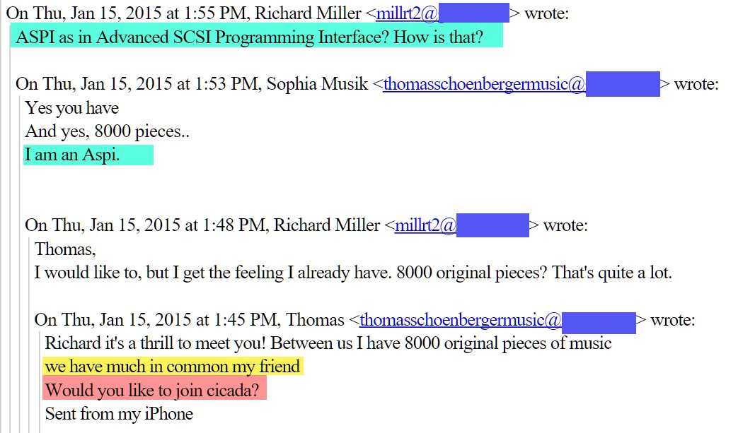 Hilo de correo del 15 de enero de 2015: Thomas le escribe a Richard que es un gusto conocerlo, que entre nosotros tiene 8000 piezas musicales originales, que tienen mucho en común, y le pregunta si quiere unirse a cicada; Sophia Musik responde I am an Aspi