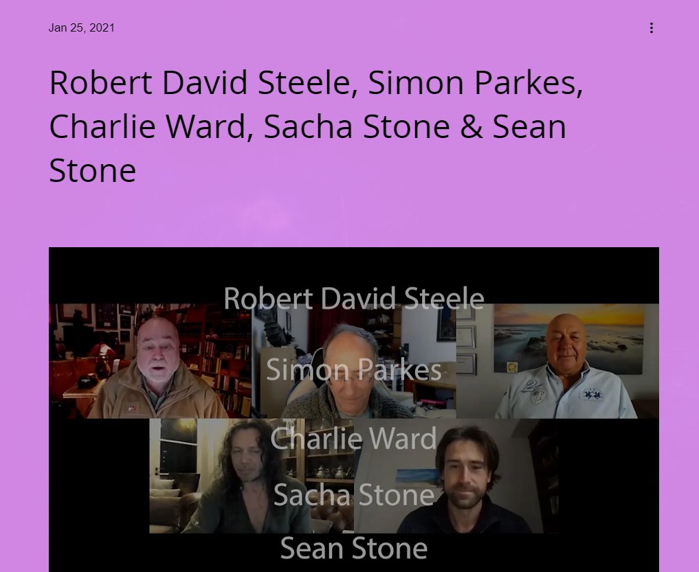 Screenshot of a blog post dated Jan 25 2021 titled Robert David Steele, Simon Parkes, Charlie Ward, Sacha Stone and Sean Stone, showing a video call grid of five people with each name labelled