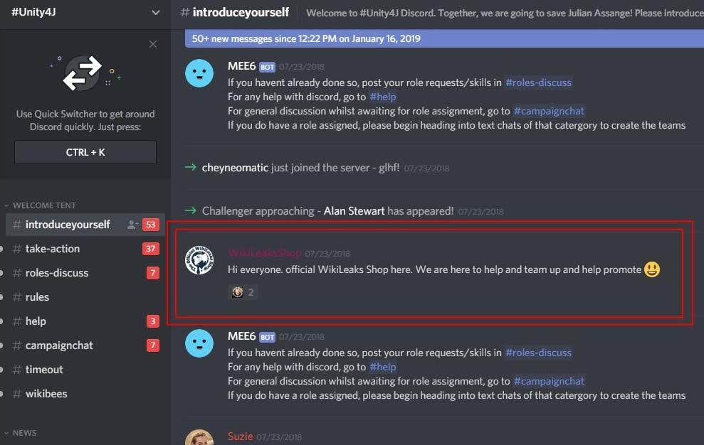 Discord screenshot of the Unity4J server introduceyourself channel dated 07/23/2018, with an account named WikiLeaksShop posting Hi everyone, official WikiLeaks Shop here, boxed in red