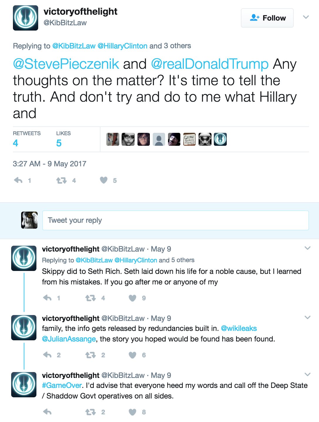 Captura de tuits de victoryofthelight, KibBitzLaw, 9 de mayo de 2017, dirigidos a StevePieczenik y realDonaldTrump, que mencionan a Seth Rich, wikileaks y JulianAssange, con el hashtag GameOver
