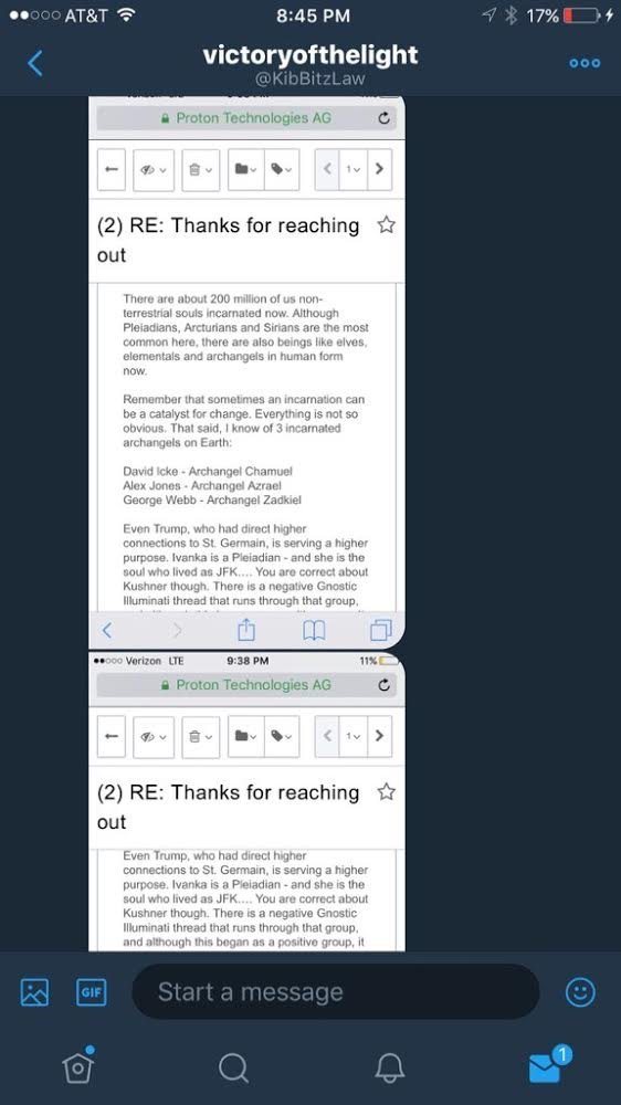 Dos capturas de teléfono de un hilo de mensajes directos de Twitter con victoryofthelight, KibBitzLaw, que muestran un correo pegado en una vista web de Proton con asunto RE Thanks for reaching out, que lista pleyadianos, arcturianos, sirianos y tres arcángeles encarnados
