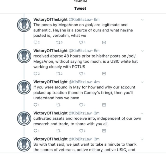 Captura de teléfono de cinco tuits seguidos de VictoryOfTheLight, KibBitzLaw, que dicen que los posts de MegaAnon en pol son legítimos y auténticos, que MegaAnon es una fuente nuestra y que lo que publicó es lo que recibieron unas 48 horas antes