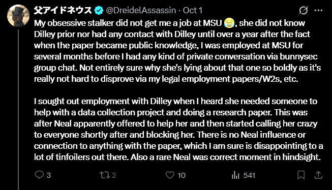 Publicación de DreidelAssassin, 1 de octubre: dice que trabajaba en MSU meses antes de cualquier chat privado, que buscó trabajo con Dilley para un proyecto de recolección de datos y que Neal no tuvo influencia ni conexión con el estudio