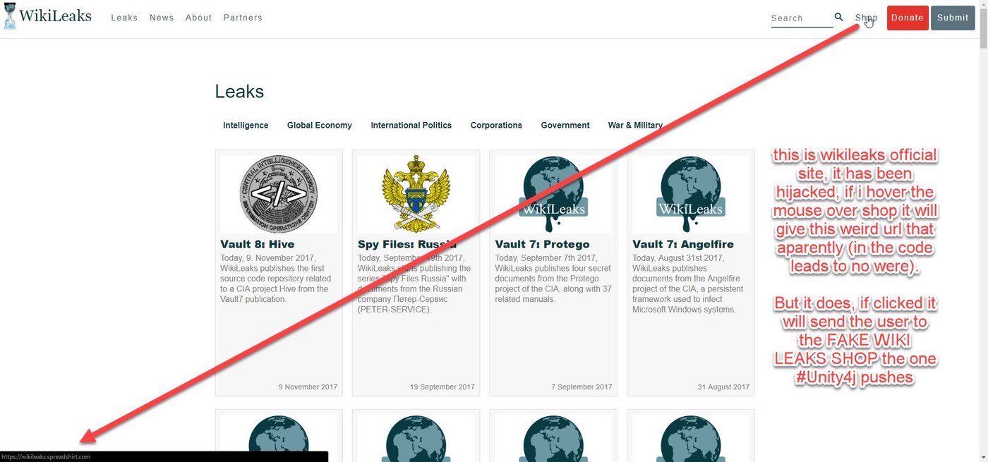 Screenshot of the wikileaks.org Leaks page with the mouse over the Shop button and the status bar showing https://wikileaks.spreadshirt.com, with red annotations