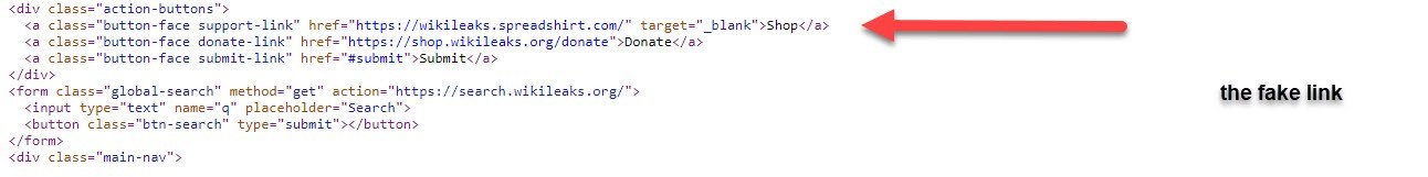 Page source of the wikileaks.org header with the Shop link pointing to wikileaks.spreadshirt.com, annotated the fake link